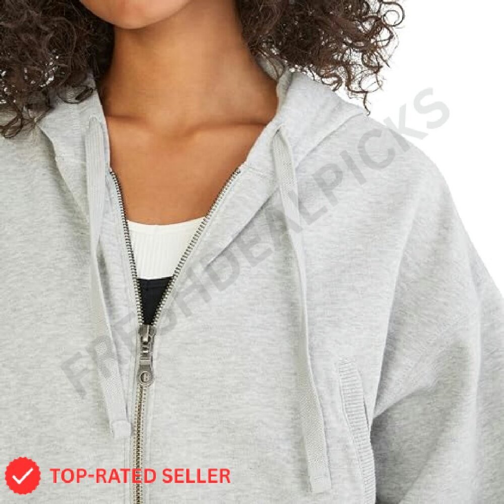 Cropped Full Zip Hoodie Oversized Relaxed Fit Fleece Y2K Chic Casual - Picture 4 of 5
